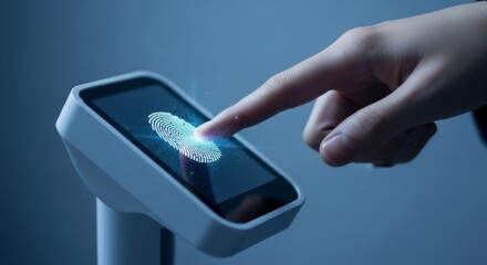 A woman's finger activates a biometric scanner with a glowing fingerprint for secure access or identity verification.