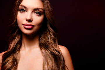 Fototapeta premium Close up photo of attractive lovely girl model looking camera promoting cosmetics isolated black color background