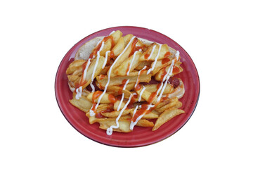 French fries and sausage, isolated on white background