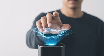 A man interacting with a futuristic device displaying an abstract biometric wave. Innovative technology for security and data analytics.