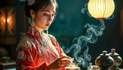 Beautiful and high-born geisha holds a Chinese tea ceremony with an elite tea set in an aristocratic rich hall