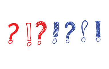 Hand-Drawn Red & Blue Question and Exclamation Marks PNG - Sketch Symbols, Doodle Punctuation Set, pencil marker doodle