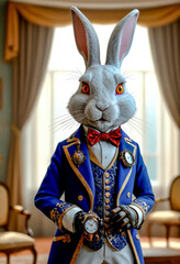 White crazy rabbit with a pocket watch from the fairy tale Alice in Wonderland