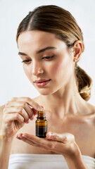 Fototapeta premium Woman with sleek ponytail with essential oil dark bottle in hand, aromatherapy concept