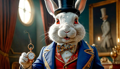 White crazy rabbit with a pocket watch from the fairy tale Alice in Wonderland