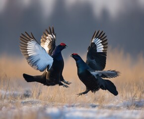 Black grouse, Tetrao tetrix, two males fighting, in the wild