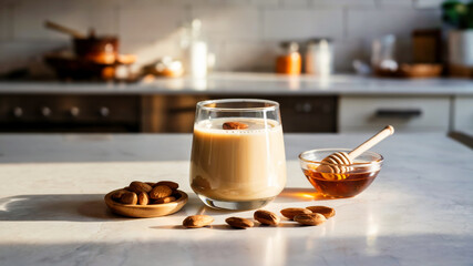 Glass of creamy almond milk with honey and nuts on marble table at kitchen background.