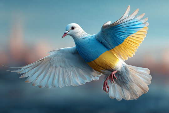 flying dove with Ukraine flag colors, symbol of peace and hope, sky background