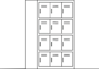 School locker storage unit with multiple compartments in simple black outline vector illustration 