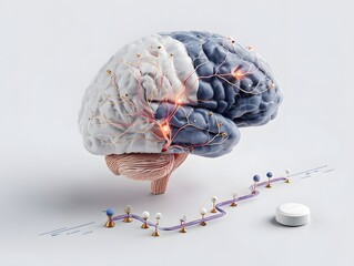 Brain Illustration Showing Neurotransmitter Pathways and Medication on White Background

