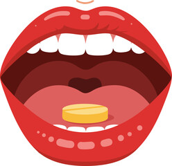 Open mouth with red lips taking yellow pill illustration vector design 