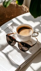 Warm Coffee Beside an Open Book With Sunglasses on a Sunny Table Adorned With Autumn Leaves.