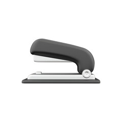 A side view of a black stapler on a white base, used for binding sheets of paper together.