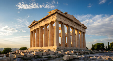Obraz premium The Parthenon stands majestically against a blue sky with scattered clouds, surrounded by ancient ruins.