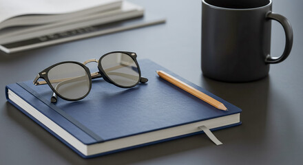 Fototapeta premium Stylish eyeglasses resting on a navy blue notebook with a pencil and coffee mug