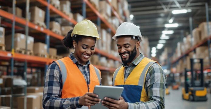 Workers in warehouse with digital tablet