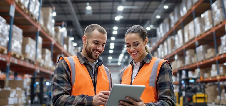 Workers in warehouse with digital tablet
