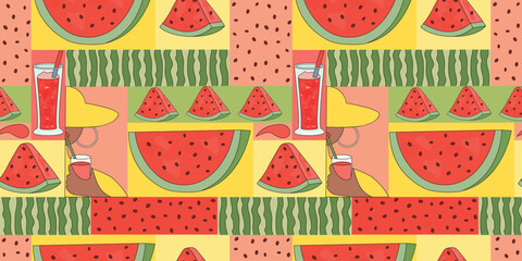 Watermelon mosaiс seamless pattern. Pieces of juicy fruit, textures, glass with drink, female silhouette. Red, green, pink and yellow colors with black outlines. Vector geometric summer background. 