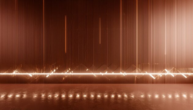 neon lights attached to wall in modern futuristic sci fi abstract background reflective concrete empty space ethnic boho decor home interior living room in warm brown color 3d rendering