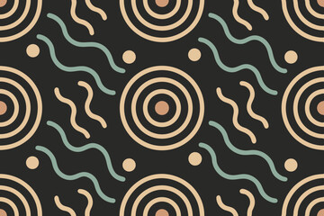 Seamless pattern with repeating beige circles wavy lines and dots on a dark background