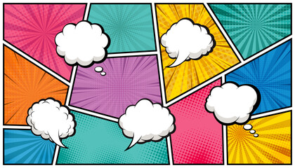 Colorful comic book layout with empty speech and thought bubbles on a retro pop art background. Vector illustration