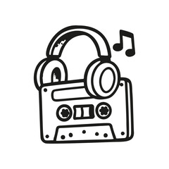 Hand drawn illustration shows a music cassette tape with headphones on top of it and a music note next to it. Black and white vector art in doodle style