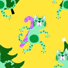 Christmas cartoon animals seamless cats and toys pattern for wrapping paper