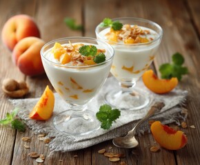 Sweet homemade yogurt with peach pieces