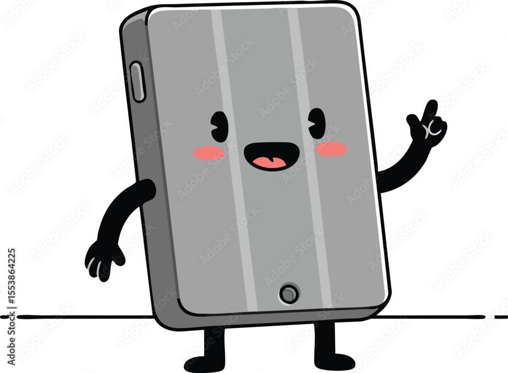 Poster animated happy gray tablet character with smiling face and gesturing hand vector illustration