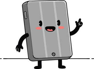 Animated happy gray tablet character with smiling face and gesturing hand vector illustration 