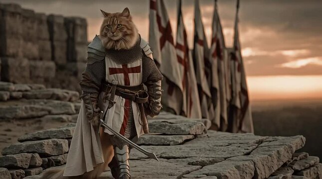 Crusader Maine Coon Cat in Chainmail and Surcoat