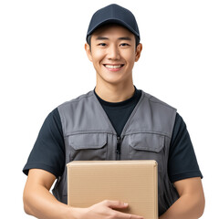 Smiling delivery man holding package on white background PNG transparent background