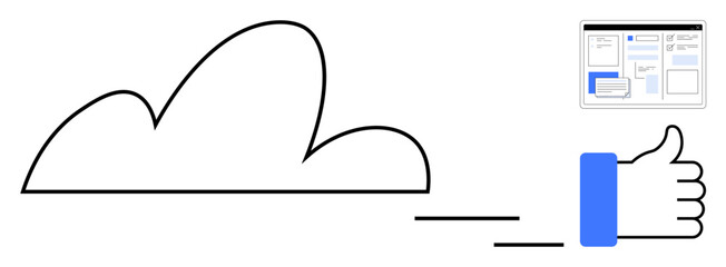 Cloud shape, user interface window, and thumbs-up gesture highlight connectivity, approval, and efficiency. Ideal for technology, teamwork, approval, file sharing digital storage cloud computing