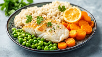 Colorful plate with baked fish, carrots, peas, and brown rice, nutrition concept generative ai
