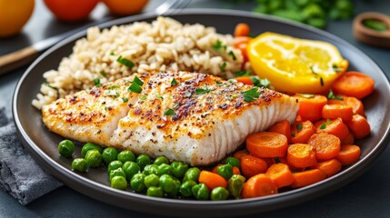 Colorful plate with baked fish, carrots, peas, and brown rice, nutrition concept generative ai