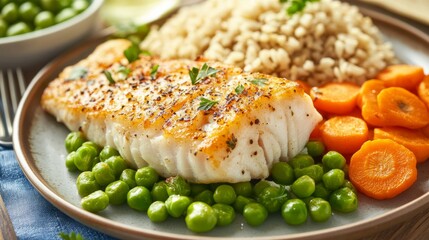 Colorful plate with baked fish, carrots, peas, and brown rice, nutrition concept generative ai