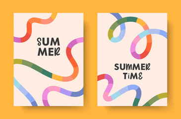 Summer abstract backgrounds with bright rainbow lines.Modern illustrations with colorful shapes.Summer vacation banners in simple fun style.Vertical prints for posters,banners,covers,branding,fashion