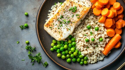 Colorful plate with baked fish, carrots, peas, and brown rice, nutrition concept generative ai