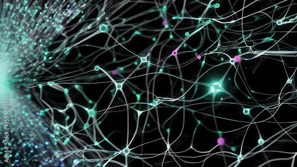 Poster exploring neural networks, showcasing neuron connections and signal transmission in vibrant colors f