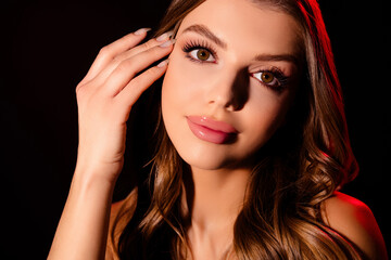 Photo of tender gentle lady feel attractive touch brown hair wave look with makeover on dark color...