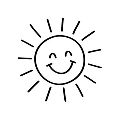 Smiling sun graphic with hand drawn line art. Sunshine icon represents a sunny day. Black lines on a white background