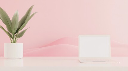 High-resolution photo of a laptop on a white desk with pink dunes and a potted plant. Clean pastel style, ideal for tech product branding or website headers.
