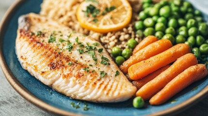 Colorful plate with baked fish, carrots, peas, and brown rice, nutrition concept generative ai