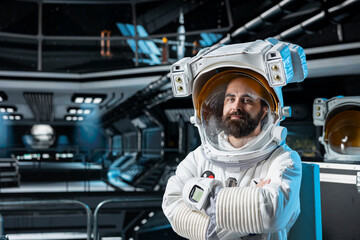 Portrait of astronaut researcher exploring deep space, carrying out research aboard spacecraft....
