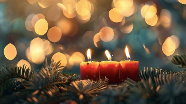 Christmas composition showing three burning red candles with golden stars surrounded by fir branches, with a blurred background of christmas lights