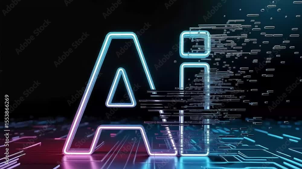 Aufkleber dynamic artificial intelligence concept shows neon glowing ai transforming into digital fragments on