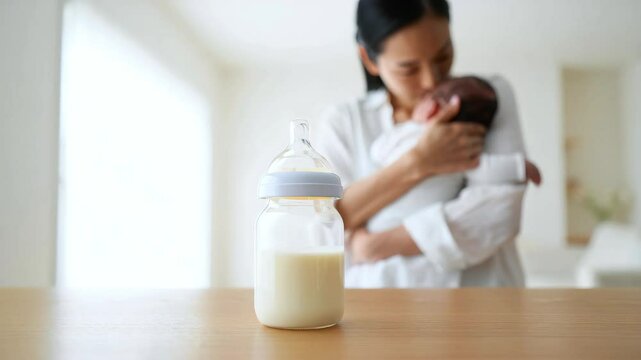 Mother holding newborn baby with bottle of breast milk on table, World Breastfeeding Week, maternal care, infant nutrition, motherhood support themes