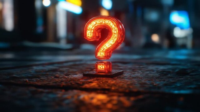 Illuminated question mark sign on a dark surface at night