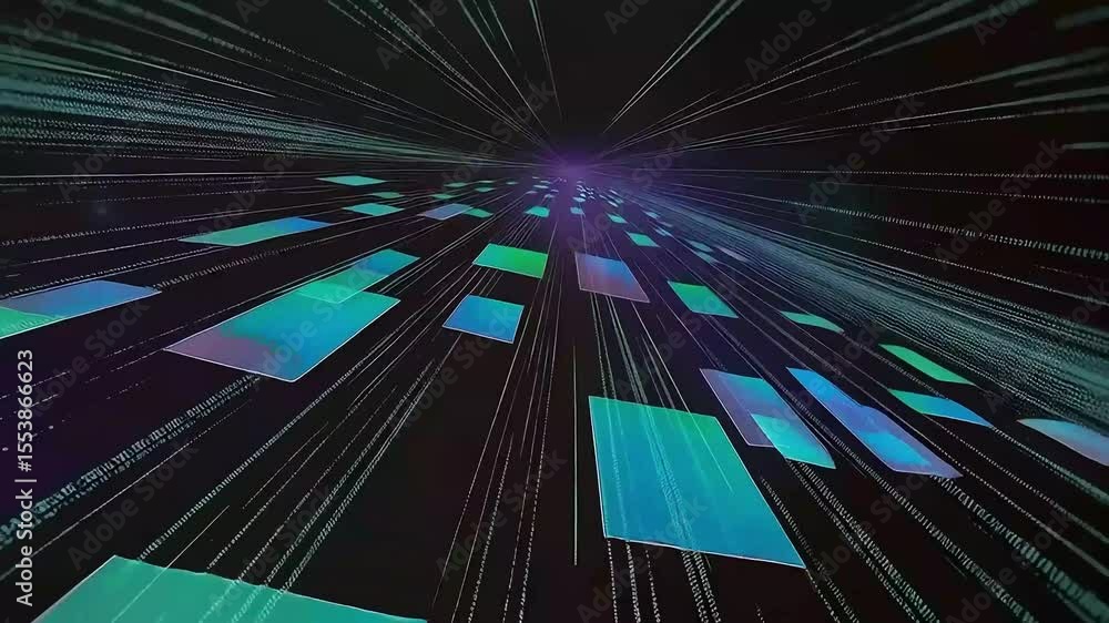 Aufkleber futuristic data stream backdrop showcasing blue and green digital squares connecting through virtual