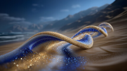 A trail of golden and blue sand forming a double helix
